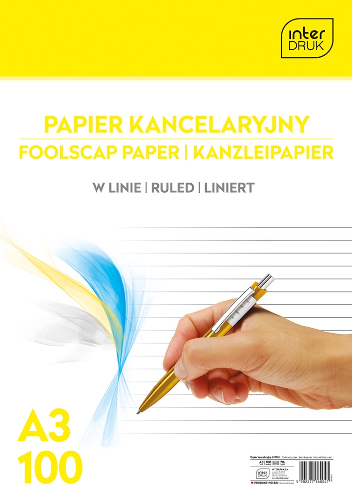 Papier kancelaryjny w linię A3, 100 kartek, Interdruk